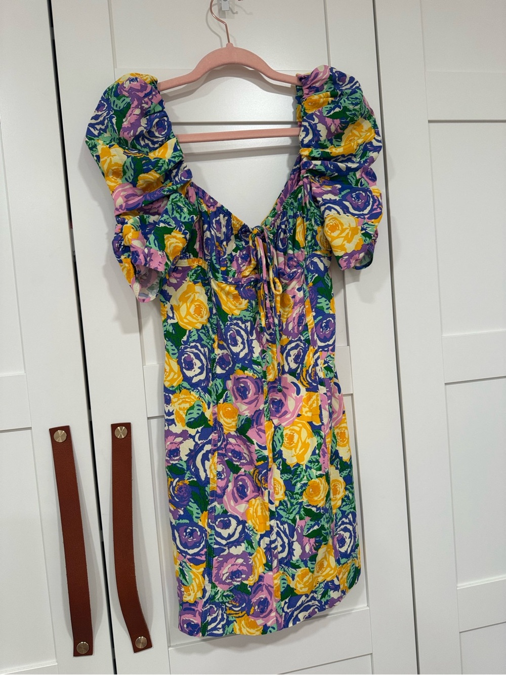 Zara Yellow, Purple & Green Floral Puff-Sleeve Mini Dress
